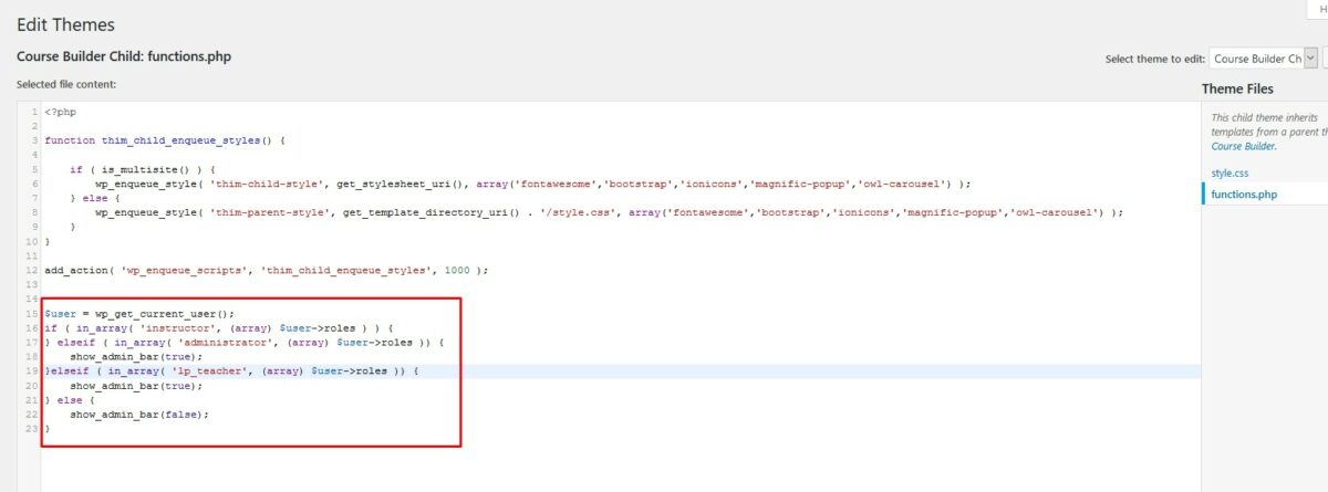 Custom functions.php file to Hide WordPress Toolbar From Users