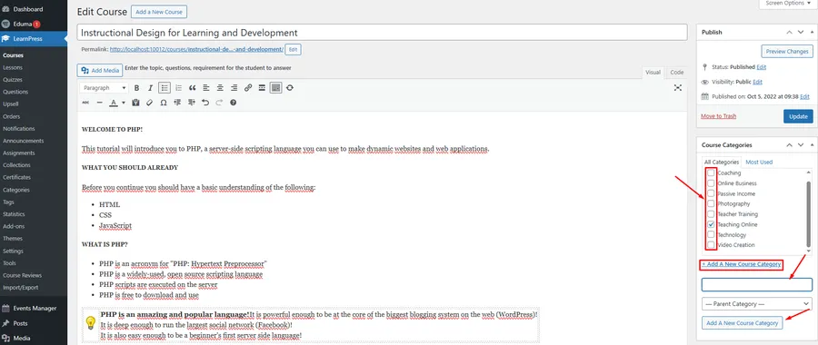 Add a New Course Category Link