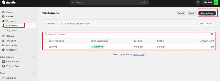 Customers Section in Shopify Admin