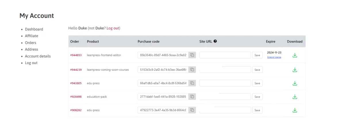 Deactivate Code My Account Page