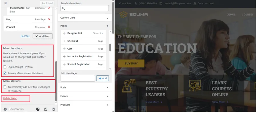 Settings Eduma Menu Locations