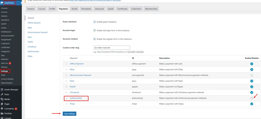 Enable Authorize.net