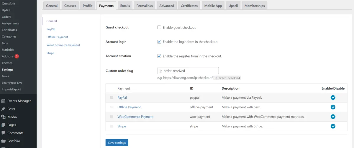 Enable WooCommerce Payments in LearnPress