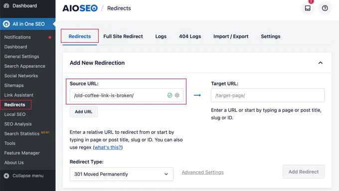 Redirect Pages AIOSEO Source URL