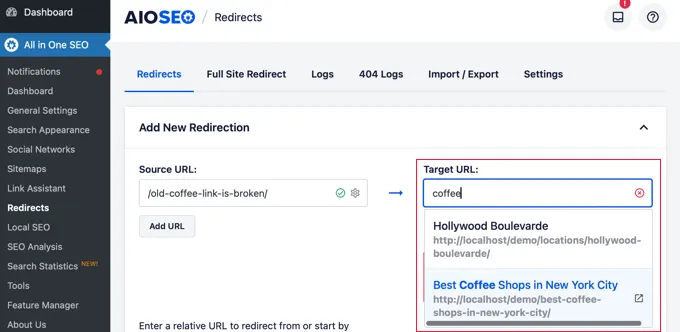 Redirect Pages AIOSEO Type Target Page Title