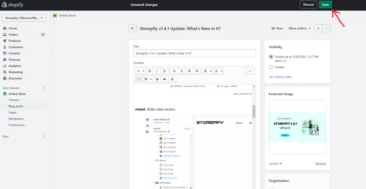 Shopify Blog Save Changes
