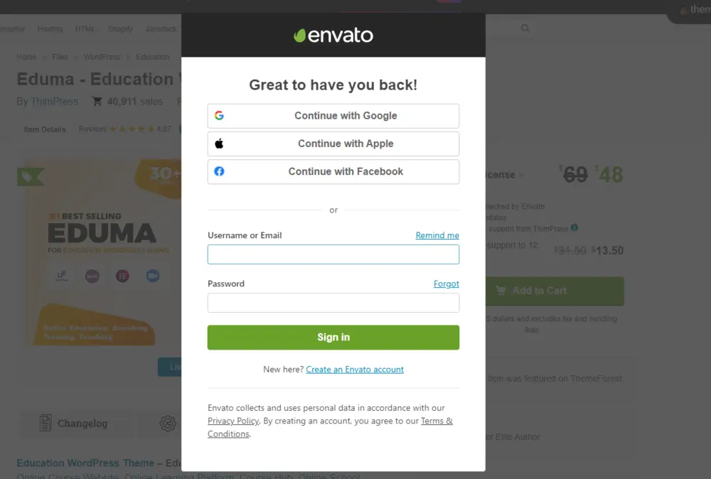 ThemeForest Login Tab