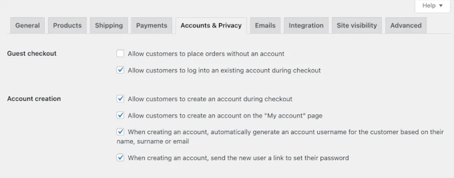 woocommerce settings accandprivacy configured